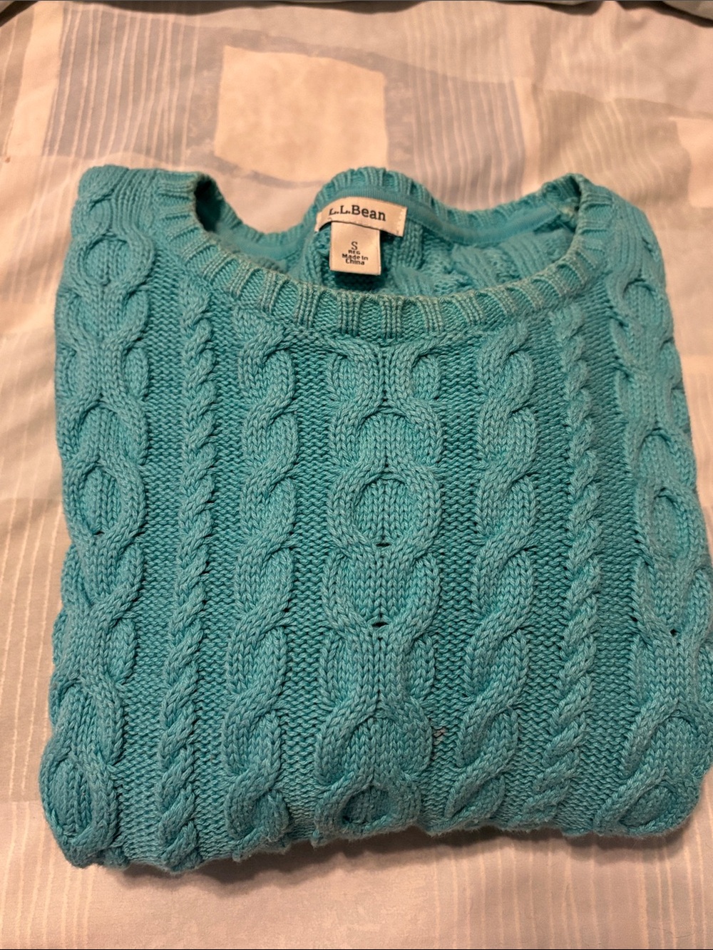 🟡 Women's L.L.Bean Double L 100% Cotton Cable Crewneck Sweater EUC Teal Size S